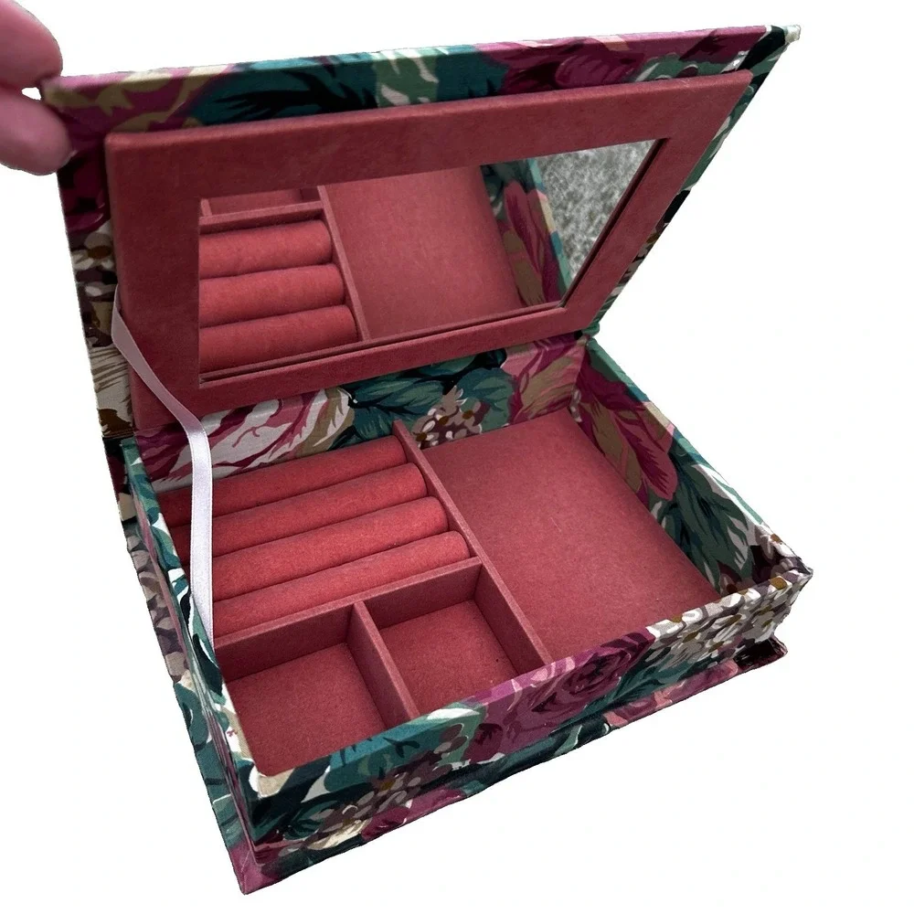 Vintage 90s Fabric Floral Jewelry Trinket Box Case Mirror Cottagecore Grannycore